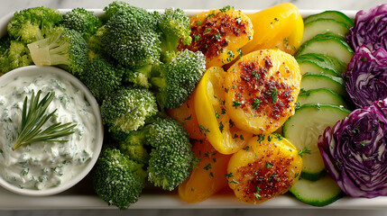 A colorful appetizer plate featuring fresh vegetables and dip, arranged neatly on a white background.