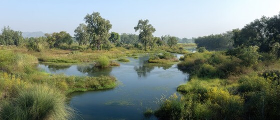 Pristine wetland ecosystem showcasing diverse wildlife and natural habitat, carbon sequestration environment with water filtration for biodiversity preservation and natural carbon sink concept.