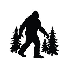 Silhouette of Bigfoot walking through the woods in a simple design, bigfoot walking through forest silhouette vector illustration