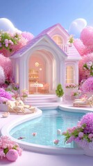 Fototapeta premium Dreamy Pastel Pink House by the Pool
