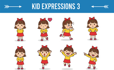 Cute girl expressions set, cartoon character emotions, happy child illustration, different poses artwork, kids emotions design, playful childhood character artwork