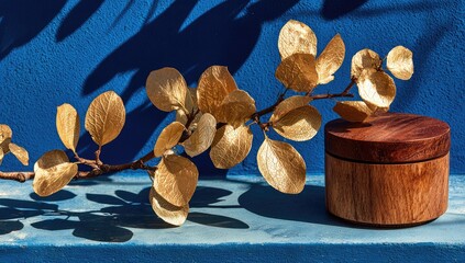 Golden leaves on a wooden box against a deep blue wall