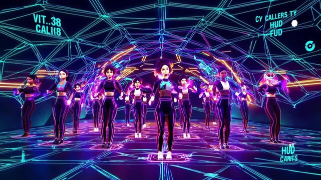 Virtual k pop girl group performing a synchronized dance in a vibrant, futuristic metaverse, surrounded by dazzling neon lights and dynamic wireframe visuals, creating an immersive experience