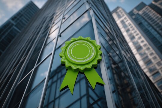 Green certificate or badge floating above corporate building, environmental achievement, sustainability recognition, carbon offset success, perfect for carbon neutral concept.