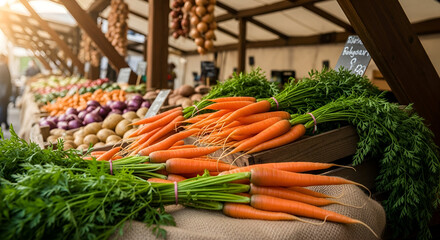 Fresh carrots and vegetables displayed at an outdoor market stall
