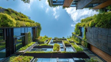 Green building featuring living walls and renewable energy systems with eco friendly architecture and sustainable construction for net zero emissions.