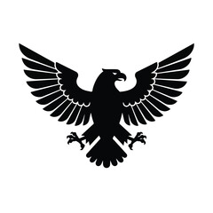 Obraz premium A powerful black eagle emblem, depicted in a clean 2D flat vector illustration, stands proudly isolated against a pure white background, showcasing strength and national symbolism.