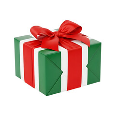 Festive Gift Box with Red Ribbon and Green and Red Wrapping Paper.