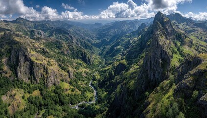 Panoramic mountain valley, lush greenery