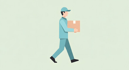 Male courier character in a blue uniform walking with a cardboard box, depicting fast logistics and package delivery services