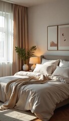 Fototapeta premium Serene bedroom, soft lighting, plush bedding, calming decor, creating a peaceful and tranquil atmosphere perfect for relaxation and sleep , plants, white, sleep