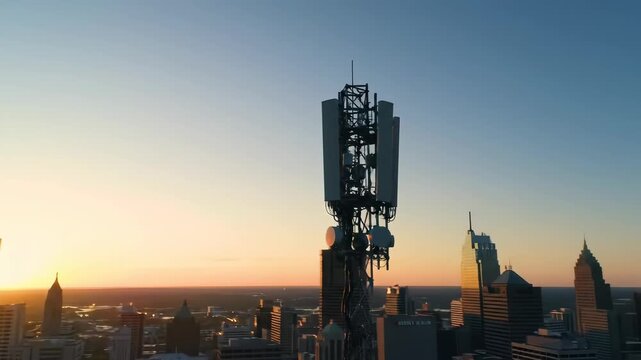 Cityscape sunset with cellular tower