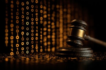 Judge gavel surrounded by binary code representing legal implications of artificial intelligence bias and algorithmic discrimination in justice system concept.
