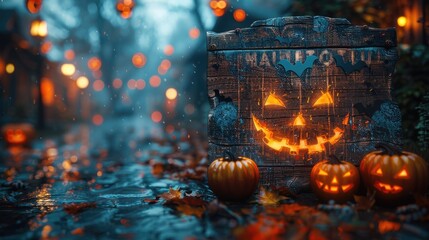 Glowing carved pumpkin sign with bats and jack-o'-lanterns on wet leaf-strewn path featuring background orbs for Halloween decorations, party invites, themed content