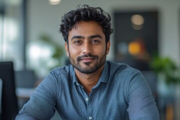 Portrait of a successful and serious Indian male businessman sitting at an office desk, confidently looking into the camera, symbolizing determination and success in a corporate, Generative AI
