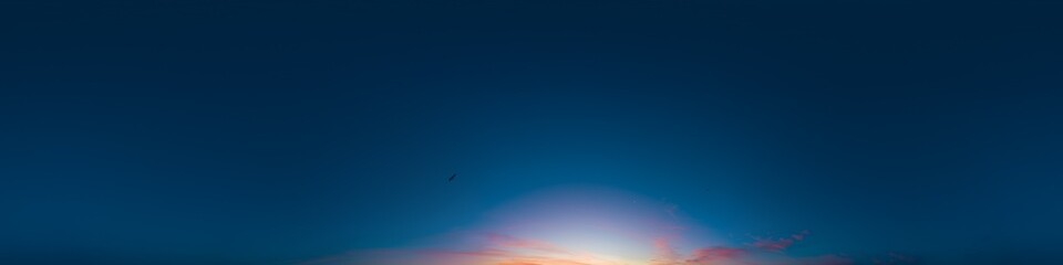 360 panorama of dark blue sunset sky with bright pink Cirrus clouds. HDR 360 seamless spherical panorama. Full zenith or sky dome sky replacement for aerial drone panoramas. Climate and weather change