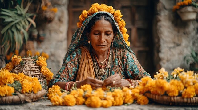 A Portrait of Devotion: Elder Indian Woman with Marigold Crown Crafting Garlands