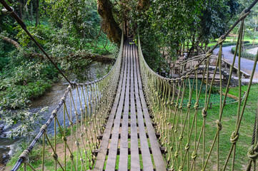 Suspension bridge made with ropes and steel cable.