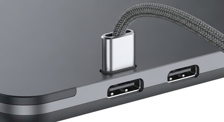 Obraz premium Close-up of a USB-C hub with braided cable connected to a modern laptop, showcasing connectivity and technology
