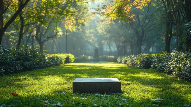 Park scene with sunlight filtering through trees onto green grass and a stone platform, ideal for websites, brochures, and social media posts promoting tranquility.