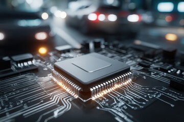 AI-powered control chip integrated into electric vehicle system for smart automotive control, showcasing intelligent mobility technology and sustainable transportation.