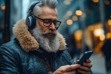 Bearded mature man enjoying music on headphones while using a smartphone in the city, reflecting relaxation and enjoyment during a casual moment outside the office, Generative AI