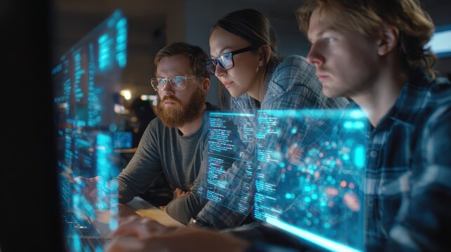 Developer team collaborating on open-source AI platform with holographic code visualization, showcasing futuristic programming innovation and collaborative technology development.