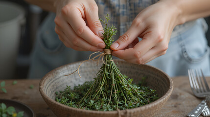 Woman tying fresh Thyme with twine in a bowl
