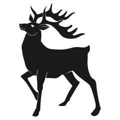 Silhouette illustration of a reindeer with large antlers, standing in a strong pose. The simple black design highlights the majestic form of the deer, making it suitable for Christmas themes, holiday 
