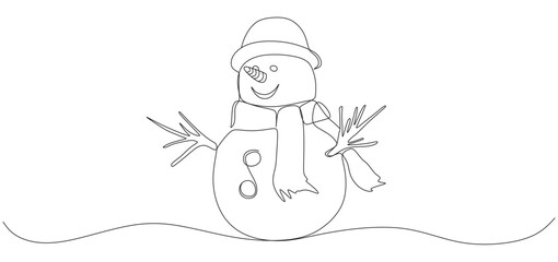 Minimalist line art illustration of a snowman wearing a hat and scarf with stick arms, buttons, and a carrot nose