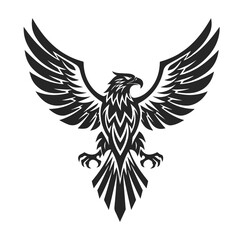 Obraz premium A majestic tribal style eagle emblem, rendered as a striking flat 2D vector illustration, stands proudly isolated on a clean white background.