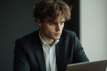 Concentrated young male office worker sitting at a desk in a suit, typing on a laptop keyboard, demonstrating focus and productivity while managing tasks in a professional environment, Generative AI