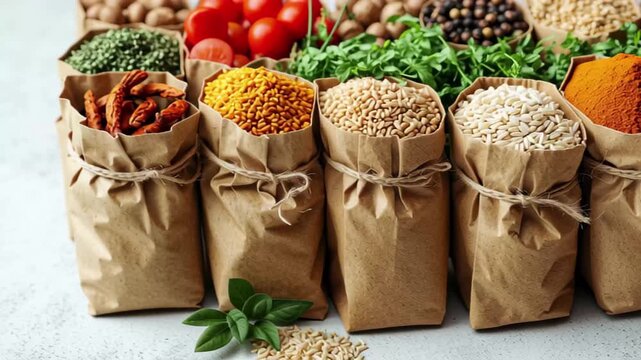 Assorted spices and herbs lined up in paper bags with fresh tomatoes in a vibrant kitchen setting
