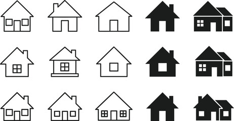 House icons set, home symbols, residential buildings, simple line art, black and white vector graphics, real estate design, minimalist architecture, property illustrations, flat style icons, modern UI