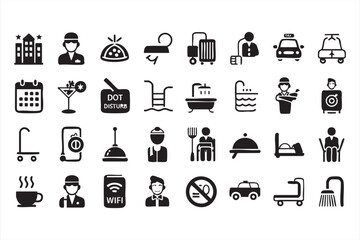 Hotel and hospitality icons vector set with building, bellboy, luggage, taxi, swimming pool, room service, do not disturb sign, coffee, bed, and cleaning service symbols for travel and tourism design