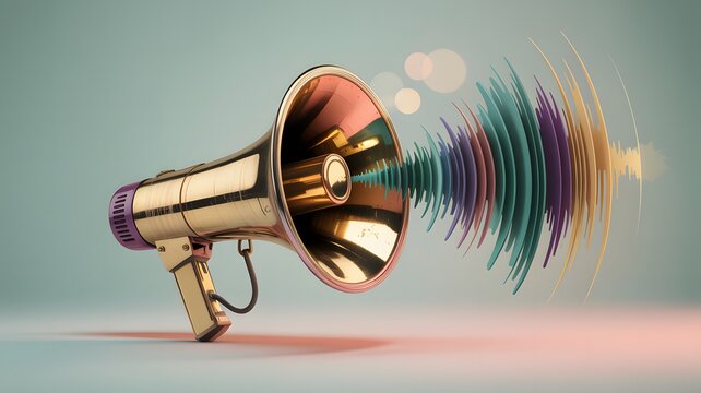 A vibrant megaphone emitting colorful sound waves against a soft blue background