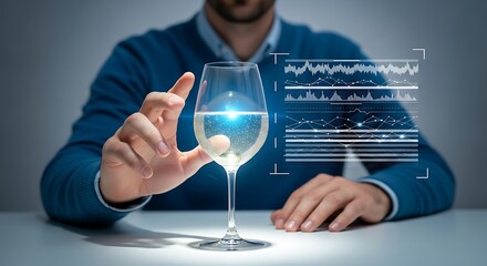 Man analyzing champagne glass with futuristic data visualization for innovation