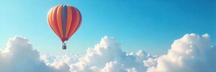 Fototapeta premium A whimsical hot air balloon floats serenely against a vibrant blue sky, casting a long shadow on fluffy white clouds Perfect for travel, adventure, freedom, and fantasy themes , morning, clouds