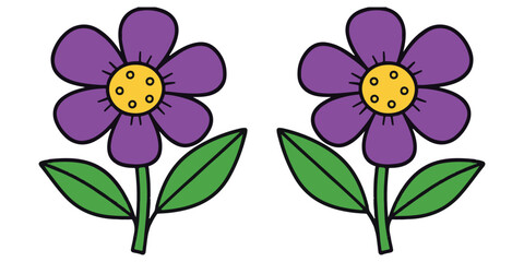 Vibrant purple flower with green leaves and yellow center, perfect for spring and summer designs, evoking joy and nature's beauty.