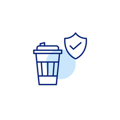 Coffee in takeaway cup with shield and checkmark. Certified barista, high quality cafe. Pixel perfect, editable stroke vector icon