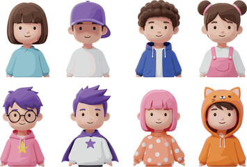 Cartoon kids avatars, cute children illustration, diverse characters, smiling faces, colorful vector portraits, school kids artwork, fun digital design