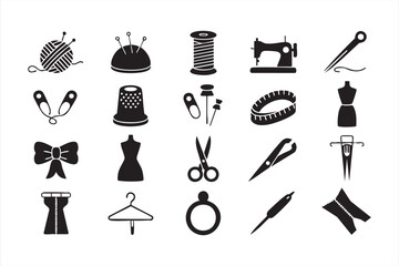 Needle and thread doodle icons with fashion clothing and tailoring workshop tools