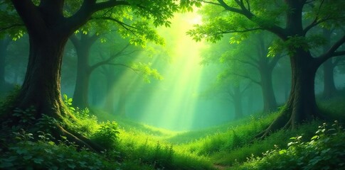 Lush green forest scene, dappled sunlight filtering through leaves, creating a magical atmosphere  Perfect for nature, fantasy, and fairytale themes ,  fantasy,  natural,  summer