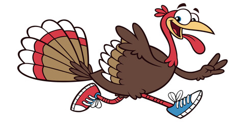 Joyful cartoon turkey in sneakers races forward with victory sign, perfect for Thanksgiving fun and festive celebrations