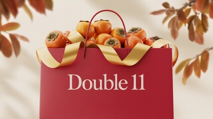 Vibrant Double 11 shopping bag filled with persimmons, adorned with golden ribbon and autumn leaves