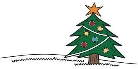 Festive decorated Christmas tree with yellow star and colorful ornaments stands on snowy ground, perfect for holiday promotions.