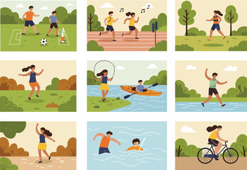 Cartoon kids doing sports and outdoor activities, children running, swimming, cycling, football, skipping rope, kayaking, healthy lifestyle illustration