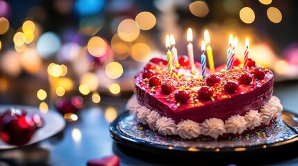 Heart-shaped birthday cake with colorful candles and festive decor