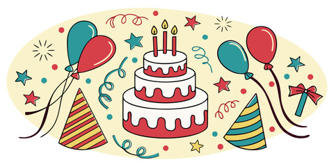 Celebrate joyfully with festive birthday cake balloons streamers and party hats creating a vibrant and happy occasion
