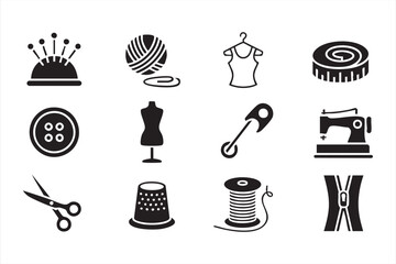 Handicraft and tailoring icons pack with needle, thread, and measuring tape illustrations